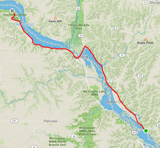 Route map showing Day 2 path from Sleepy Hollow to Frontenac State Park
