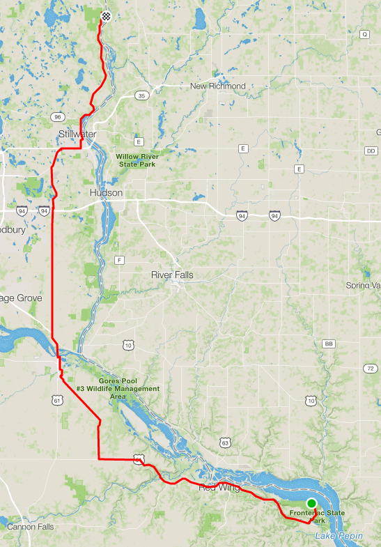 Route map showing Day 3 path from Frontenac to William O'Brian State Park