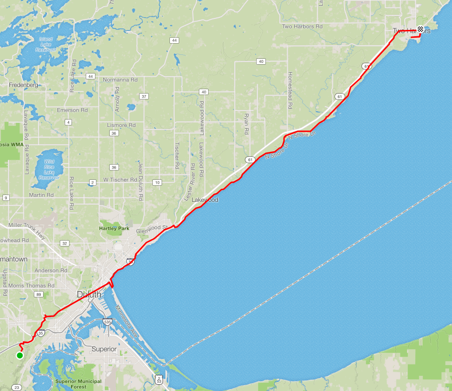 Route map showing Day 7 path from Duluth Spirit Mountain to Two Harbors