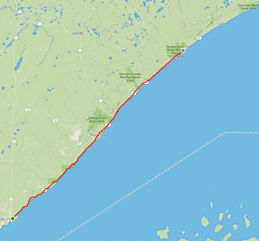 Route map showing Day 8 first section from Two Harbors toward Lutsen