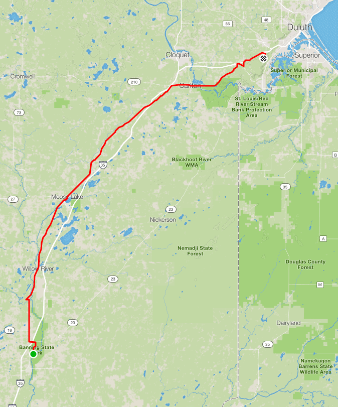 Route map showing Day 5 path from Banning State Park to Duluth Spirit Mountain